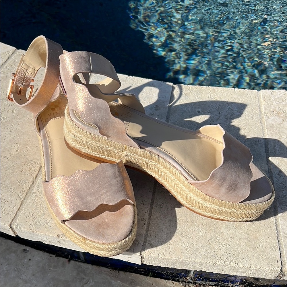 Vince Camuto gold espadrilles.